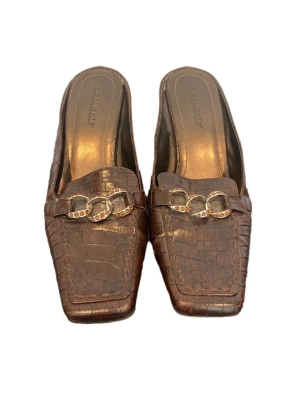 Highlights Faux Croc Brown Slide Loafer Heels with Square Toe Chain Detail  - 9